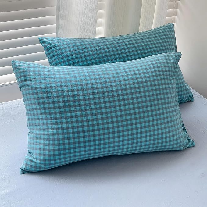 LifeTB Queen Comforter Set Blue Grey Gingham Comforter with 2 Pillowcases Modern Style Geometric Plaid Grid Comforter Farmhouse Gingham Bedding Set 3 Pieces Fluffy Checkered Comforter Set