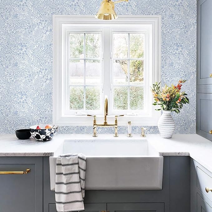 Heroad Peel and Stick Wallpaper Light Blue Floral Contact Paper 17.3''x196'' Boho Wall Paper Modern Removable Self Adhesive Wallpaper for Bedroom Bathroom Kitchen Cabinet Decor Waterproof Vinyl Roll