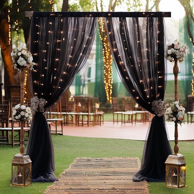 20x10ft Black Tulle Backdrop Curtain with Lights String for Parites, Sheer Backdrop Curtains for Wedding Baby Shower Birthday Party Photo Shoot Decorations