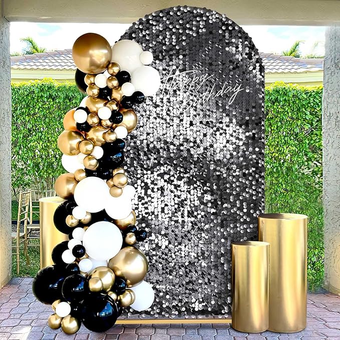 Fanqisi Big Payette Sequin Arch Covers: 6.6FT Arch Backdrop Covers Black Shimmer Fabric Cover for Party Halloween Decorations