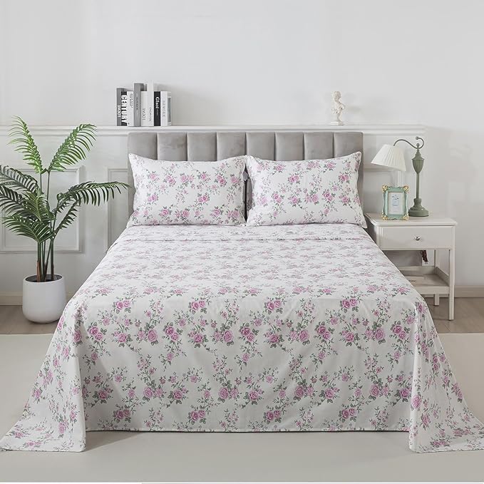 FADFAY Vintage Floral King Size Sheets Set Premium 100% Cotton Shabby Purple Rose Pattern Coquette Cottagecore Bedding Set Deep Pocket Sheets with 2 Pillowcases Luxury Breathable Soft 4Pcs, King