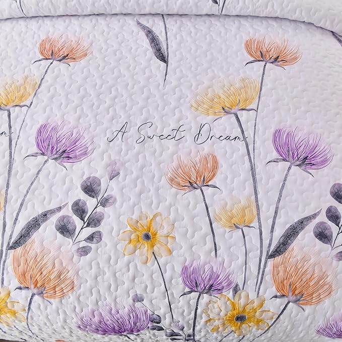 Dinjoy King Size Quilt Set Floral,3 Pieces Purple & Yellow Quilts Coverlet Set Boho Bedspreads Bed Cover Lightweight White Botanical Farmhouse Bedding Sets for Spring Summer Fall Winter(110"x90")