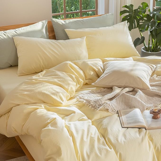 MooMee Bedding Duvet Cover Set 100% Washed Cotton Linen Like Textured Breathable Durable Soft Comfy (Heathered Butter Yellow, Oversized Queen 98"x98")