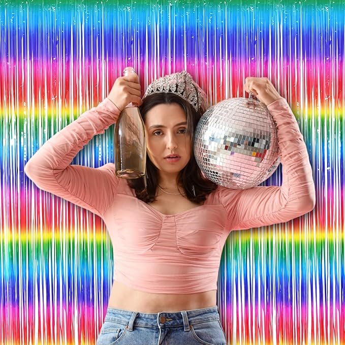 BRAVESHINE Tinsel Foil Curtains - 2 Pack Colorful Party Streamers Fringe Backdrop for Christmas/New Years/Doorway/80s/90s/Dance/Bachelorette/Engagement/Rainbows-theme/Candy/Kids Birthdays Decorations