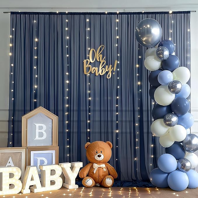 10x10ft Navy Blue Tulle Backdrop Curtain with Lights String for Parites, Sheer Backdrop Curtains for Wedding Baby Shower Birthday Party Photo Shoot Decorations