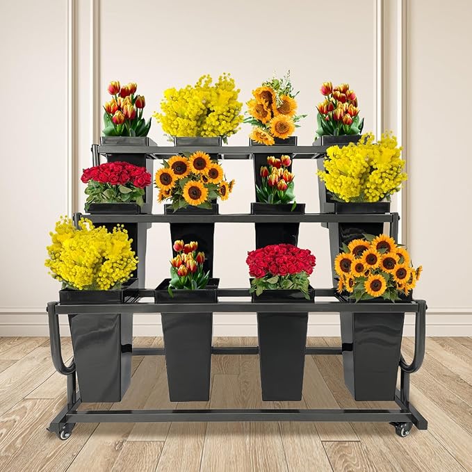 Tongmo 3-Tier Movable Plant Cart - Heavy Duty Flower Rack with 12 Buckets - Perfect for Shops, Homes, Cafes, and Offices