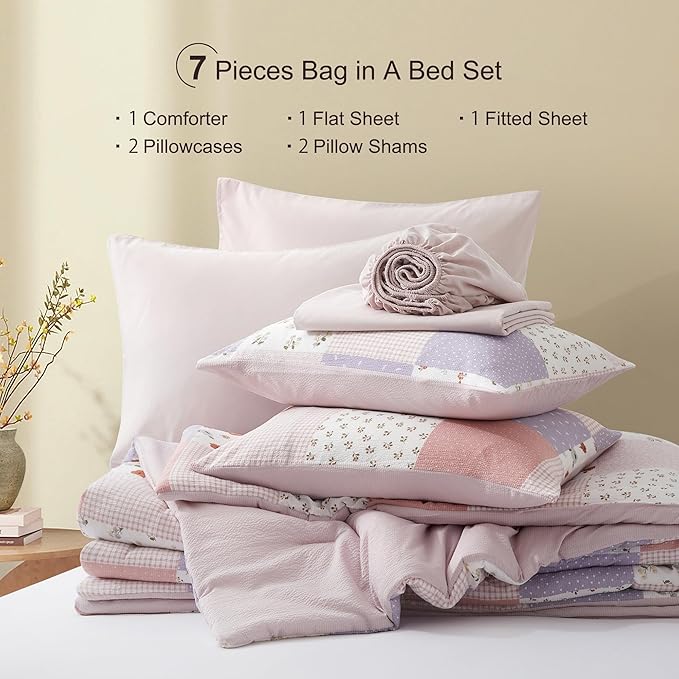 Oli Anderson King Comforter Set, 7 Pieces Misty Pink Floral Seersucker Bed Comforter, Patchwork Reversible Bed in a Bag with Comforter, Sheets, Pillowcases & Shams (Misty Pink, King)