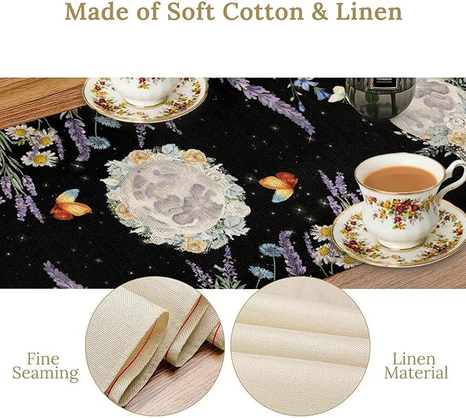 Boho Floral Table Runner, Spring Gothic Moon Phase Wildflower Mystical Witchy Farmhouse Coffee Table Center Decor for Home Kitchen Dining Patio Holiday Party Table Decorations 13x36 inches
