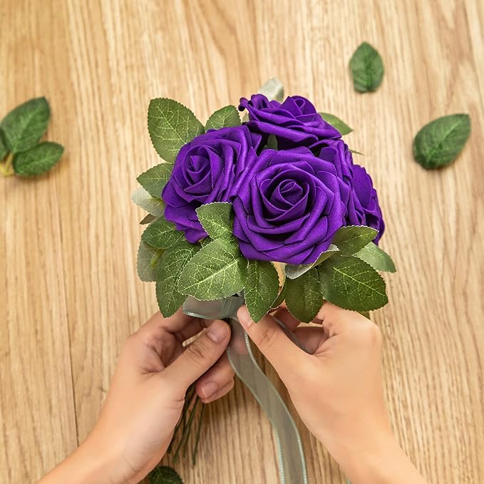 Artificial Flower Foam Purple Rose 50pcs Real Looking Fake Rose with Stems Leaves for Home Decoration Party Garden Centerpieces DIY Wedding Bouquets(Purple)