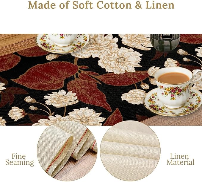 Red Gold Floral Table Runner, Boho Dark Flower Leaves Chinese Plum Blossoms Botanical Vintage White Gold Art Print Table Runner for Spring Holiday Decor, 13x60inch