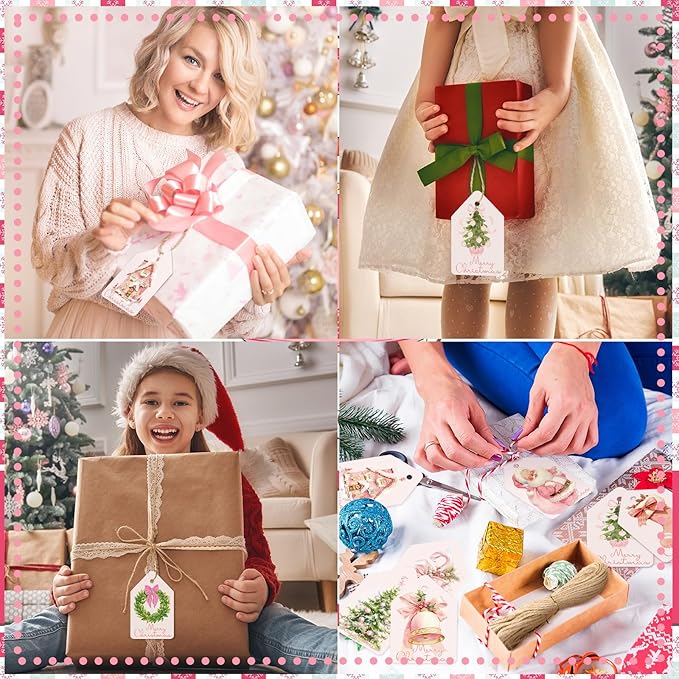 200 Pcs Christmas Gift Tags with String Christmas Natural Holiday Gift Name Tags to Personalize Xmas Presents Gifts Decoration for DIY Wrapping Crafts Party Favors(Bow)