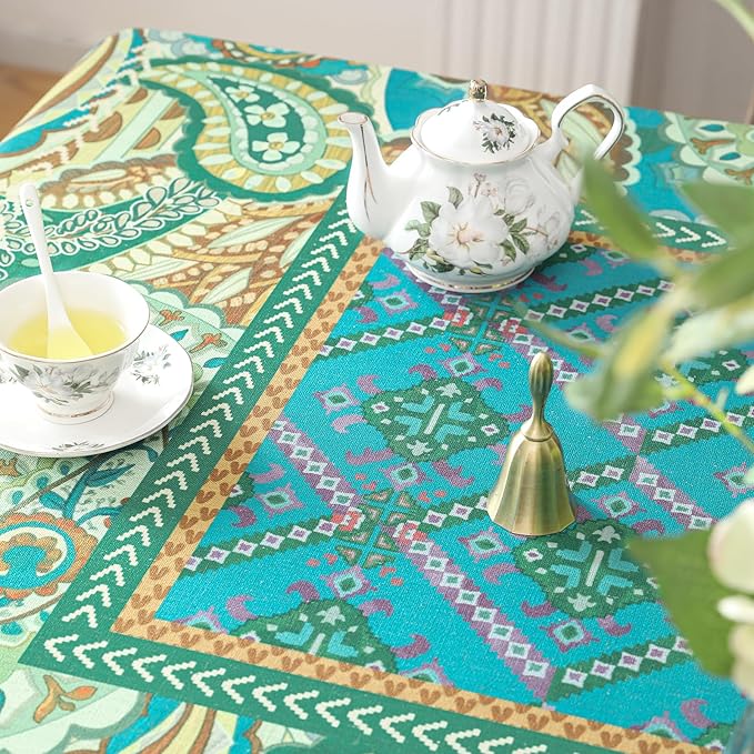 Linen Green Tablecloth,Wrinkle Resistant French Vintage Tablecloth Print with Foral,Decor Square Table Cloth for Thanksgiving,Dining Room,Home,Kitchen 67" × 67"-Milen