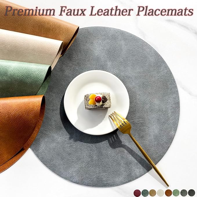 UnivoColors PU Leather Placemats Set of 6,15" Round Washed Cowhide Pattern Table Mats for Dining Table, Kitchen, Party Decoration(Retro Reddish Brown)
