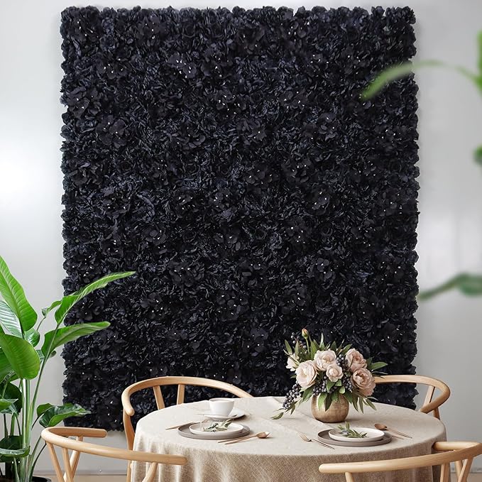 Artificial Flower Wall Panels - 12-Piece Set of 15x15 Inch Black Silk Roses Floral Backdrop Ideal for Wedding Celebrations, Festive Party Background and Elegant Home Decor