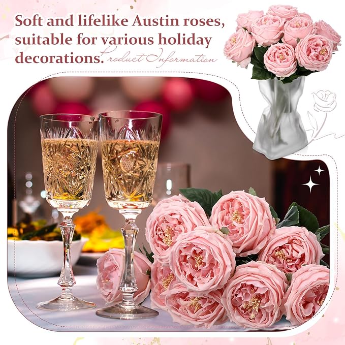 10pcs Real Touch Peonies Artificial Flowers, Faux Austin Rose with Long Stem Look Real Fake Flower for Christmas Valentines Arrangement Wedding Party Home Kitchen Decor(Pink)