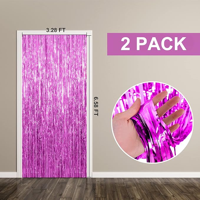2 Pack Hot Pink Backdrop Curtain Party Streamers Hot Pink Birthday Decorations Foil Fringe Photo Backdrop Party Supplies Fiesta Grad Theme Decorations