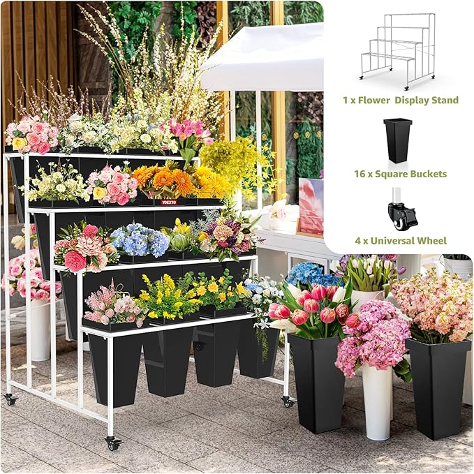 Flower Display Stand 4 Layers with 16 PCS Square Buckets, Plant Stand with Wheels, Movable Metal Plant Stand for Terrace Garden, Living Room, Florist Shop