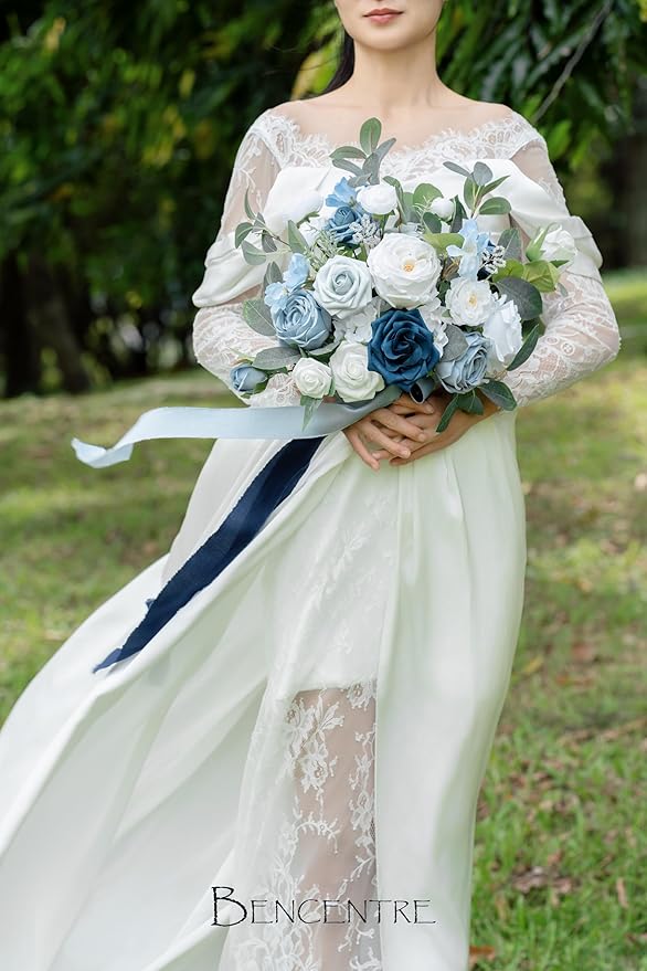 14 Inch Navy Blue Bridal Bouquet,Dusty Blue Wedding Bouquet,Bride Bouquets for Wedding Ceremony Anniversary, Party and French Rustic Vintage Wedding,Artificial Flowers…