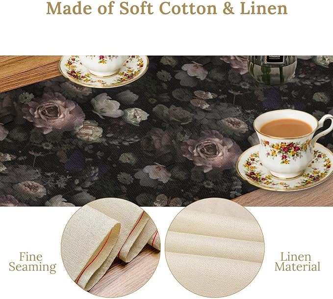 Gothic Floral Table Runner, Vintage Garden Flower Black Witchy Farmhouse Coffee Table Center Decor for Home Kitchen Dining Patio Holiday Party Table Decorations 13x90 inches