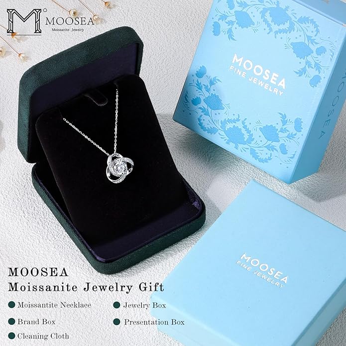 MOOSEA Love Knot Moissanite Necklace for Women, 1-3 ct D Color VVS1 Clarity 925 Sterling Silver Moissanite Pendant Necklace Anniversary Birthday Christmas Gifts for Women Wife Mom Girlfriend