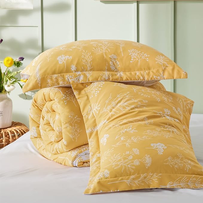 Bedsure Twin/Twin XL Comforter Set - Yellow Bed Set, 2 Pieces Cute Floral Bedding, 1 Soft Reversible Botanical Flowers Comforter and 1 Pillow Sham