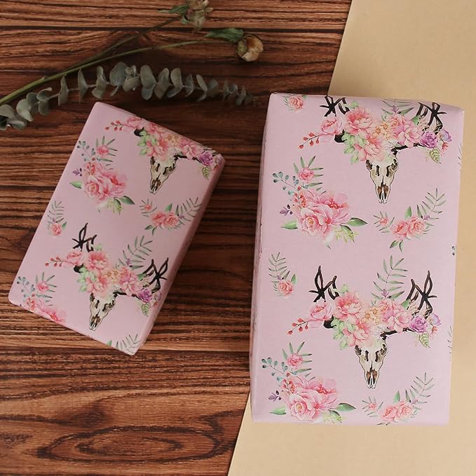Aimyoo Pink Skull Floral Kraft Wrapping Paper Jumbo Roll, Gothic Gift Wrap Paper for Birthday Bridal Shower 17 in x 60 ft