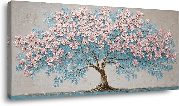 IDAFU Pink Tree of Life Canvas Wall Art Pink Flower Tree Wall Décor Abstract Pink Flowering Tree on Teal Blue Nature Landscape Painting Ready for Living Room, Bedroom, Office Home Décor 30L x 16W