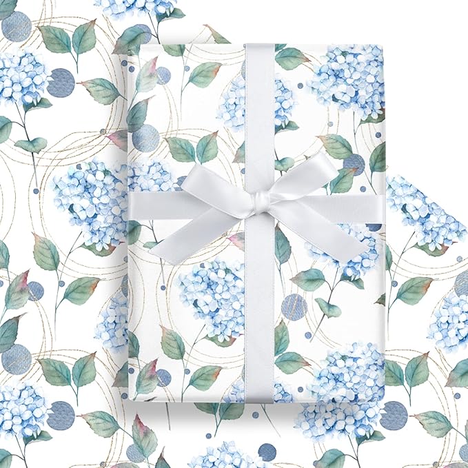 LeZakaa Blue Hydrangea Wrapping Paper Roll, Hydrangea Flowers Party Gift Wrap for Wedding, Bridal Shower, Baby Shower, Anniversary, Mother's Day, Birthday, DIY Bouquet, Mini Roll, 17 inches x 16.4Feet