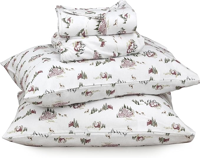 RUVANTI Flannel Sheets Twin Size - 100% Cotton Double Brushed Twin Sheets Set, Deep Pockets 16 Inches, All Seasons Breathable & Extra Soft Bed Sheets, Warm & Cozy, 3 Piece, Hilly Huts