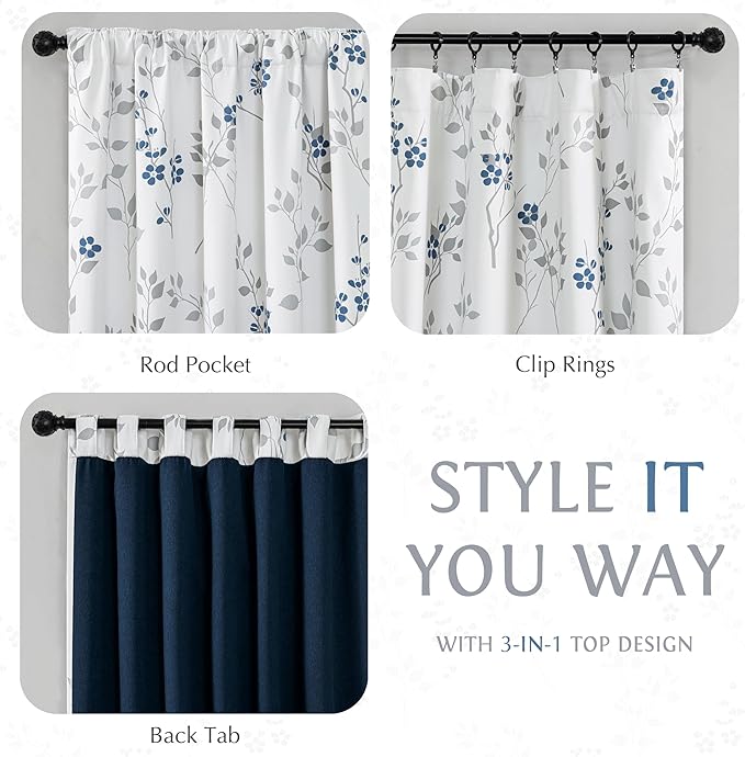 Beauoop Floral 100% Blackout Curtains 63 Inch Length 2 Panels for Bedroom Living Room Blue Grey and White Flower Patterned Room Darkening Thermal Soundproof Rod Pocket Back Tab Window Drapes, 52X63