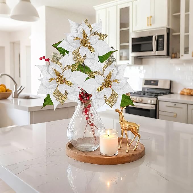 10" Poinsettia Flower Artificial for Christmas Tree Decor, 3 Pcs Faux Glitter Poinsettias Stems for DIY Xmas Wreath & Garland, Christmas Ornaments for Home Party, Holiday Decorations, White Gold