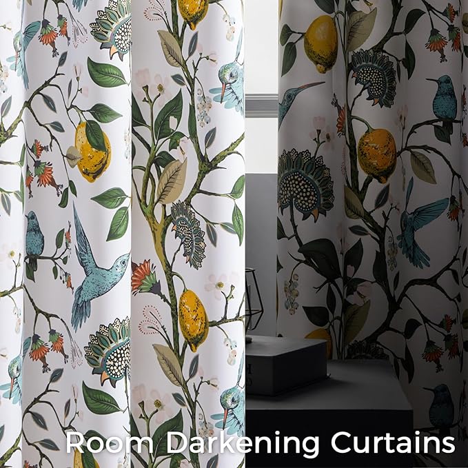 Pinch Pleated Curtains Floral Cottage Core Curtains for Living Room 90 Inches Long Blue and White Vintage Hummingbird Lemon Blackout Drapes for Bedroom with Hooks Set 2 Panels