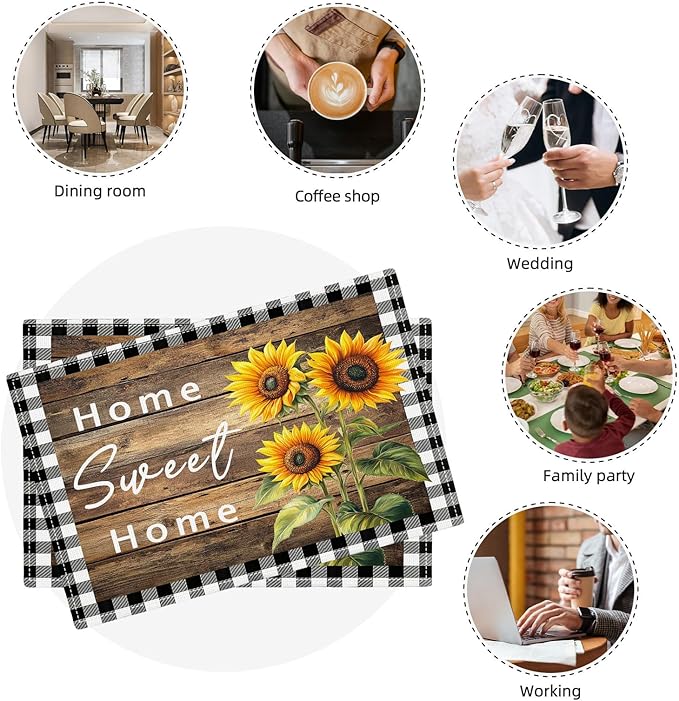Farmhouse Sunflower Placemats Set of 6, Home Sweet Home Place Mats, Rustic Dining Table Mats, Washable Placemats for Kitchen Dining Room Home Decor 18L'' × 12W''