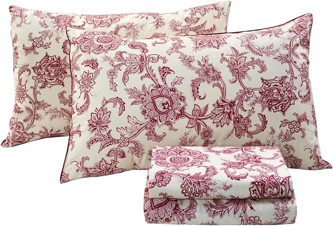 FADFAY Bed Set Red Floral Leaves Bedding Elegant Bed Sheets Set Luxury Bedding Sheet 800 Thread Count 100% Egyptian Cotton Deep Pocket Fitted Sheet, Girls Women 4 Piece-Twin Size