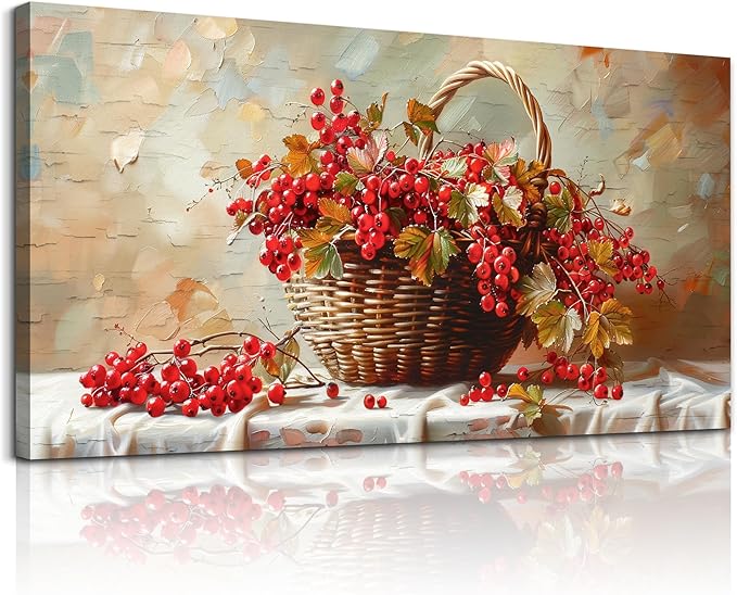 hyidecorart Large Canvas Print Wall Art Rustic Dining Room Artwork For Walls Still Life Bamboo Basket And Fruit Vintage Wall Decor Pictures For Living Room Farmhouse Kitchen Bar Office Posters 30x60