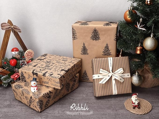 Ribbli Christmas Wrapping Paper, 4 Rolls Vintage Christmas Gift Wrapping Paper, Brown Kraft Paper with Black Pattern, 17 x120 inch(10ft) Per Roll