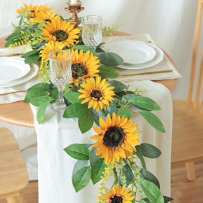 Mizii Artificial Sunflower Garland 6FT Fake Silk Sunflowers Flower Garland Autumn Hanging Vines Decorations for Kitchen Table Centerpieces Room Wall Party Wedding Birthday Fall Decor (Yellow)