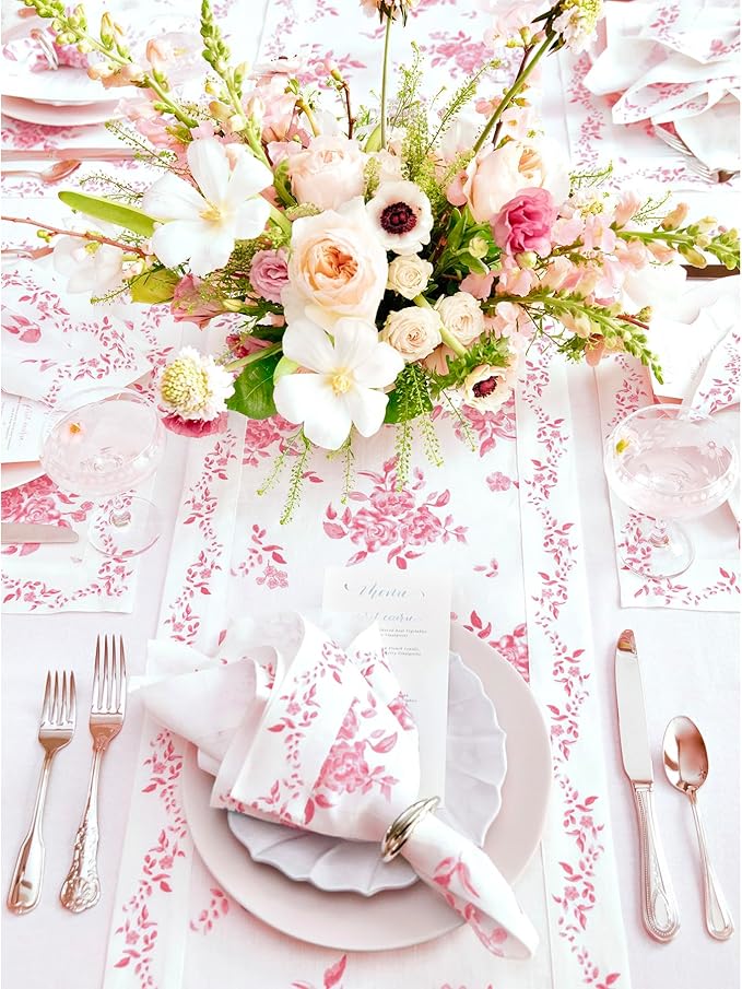 Solino Home Pink Floral Print Table Runner 36 inch - 100% Pure Linen Table Runner 14 x 36 Inch - Handcrafted and Machine Washable - Jolie Fleur Print