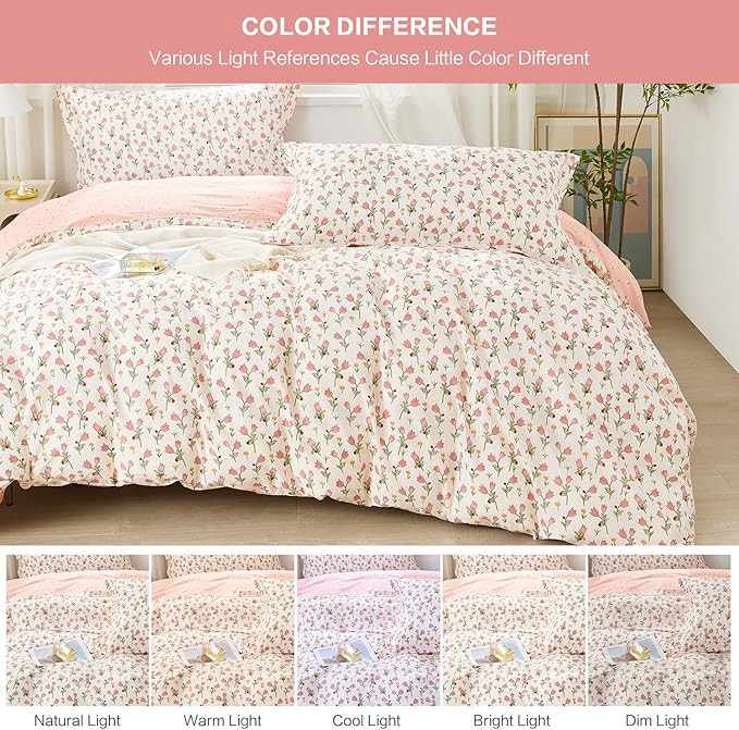 SAPHREAS Pink Bellflower Floral Duvet Cover Set Queen Size 3pcs Botanical Blossom Bedding Comforter Cover Set 100% Cotton 1 Duvet Cover 90"x90" 2 Pillow Shams, Comforter Not Included