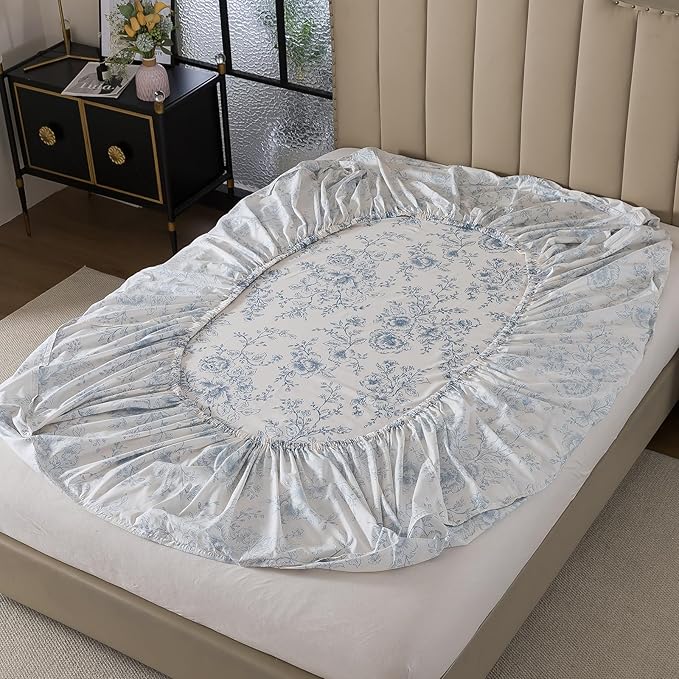 FADFAY 100% Cotton Blue Floral Bed Sheet Set, French Country Cottagecore Bedding 4Pcs, Luxury Soft Breathable Cooling Sheets with Deep Pocket Fitted Sheet, Flat Sheet & Pillowcases, Full