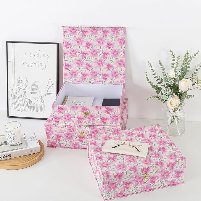 Soul & Lane Pink Floral Cardboard Decorative Storage Boxes with Gold Hardware - Set of 3, Garden Blush - Stacking Boxes with Lids for Home Decor and Organizing, Elegant Design
