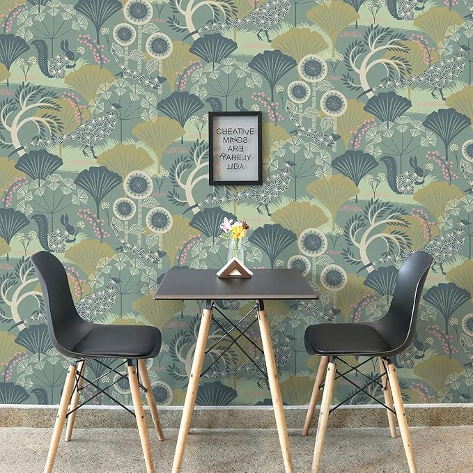 Wudnaye Green Floral Peel and Stick Wallpaper Vintage Contact Paper for Cabinets 17.7inch×118.1inch Neutral Peacock Removable Wallpaper Self Adhesive Boho Wall Paper for Bedroom Cabinet Decor Vinyl