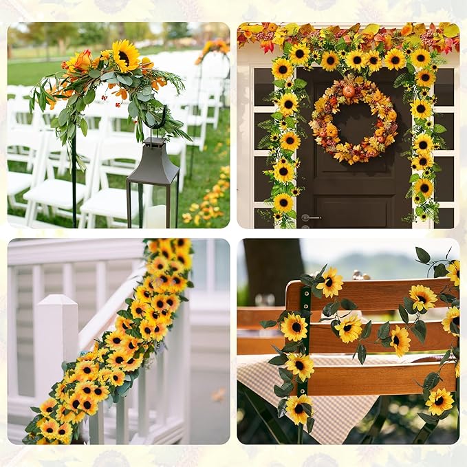 8 Pack Artificial Sunflower Garland Decor,Fake Sunflowers Outdoor Hanging Vines with Green Leaves,Silk Flower Garlands for Birthday Tables Centerpieces Party Wedding Decortions
