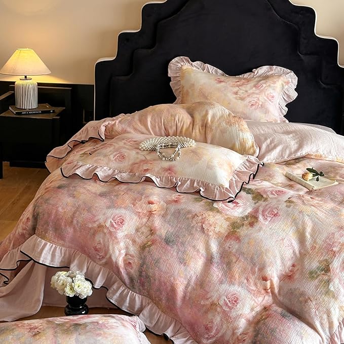 HighBuy Rose Floral Duvet Cover Twin Size,Linen Cotton Soft Coquette Ruffle Flower Bedding Duvet Cover Set,Jacquard Yarn-Dyed Shabby Chic Farmhouse Duvet Cover and Pillow Shams,Pink - Twin
