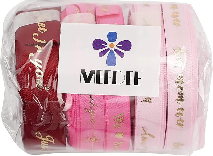 MEEDEE Pink Ribbon for Gift Wrapping Thank You Just for You Ribbon Mothers Day Gift Box Double Face Satin Assortment Thin Pink Satin Fabric, 5 Rolls 10 Yards Each Total 50 Yards