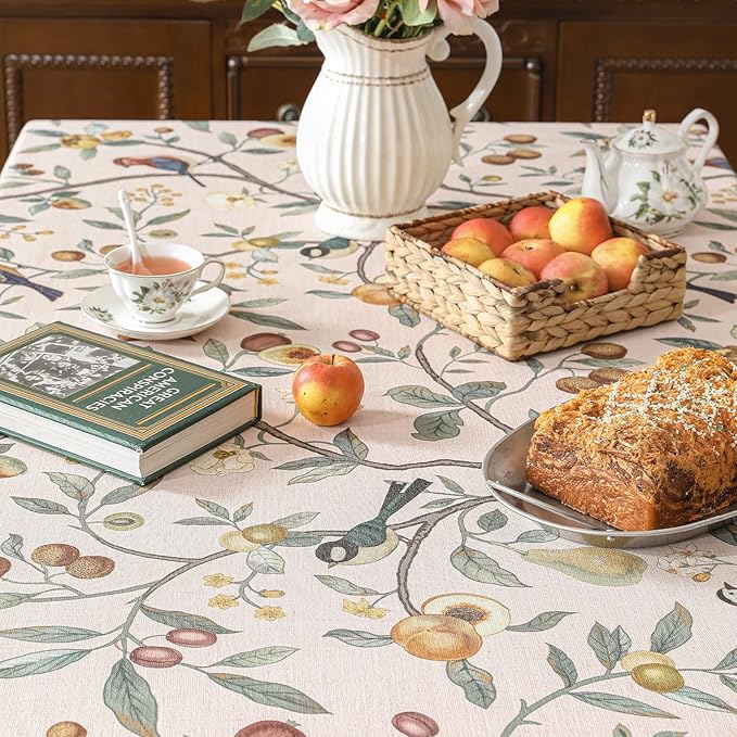 Linen Table Cloth Rectangle,Wrinkle Resistant French Pink Tablecloth Print with Froal,Decor Stitch Table Cloth for Thanksgiving,Dining Room,Home,Kitchen 55" × 71"-Dewey A