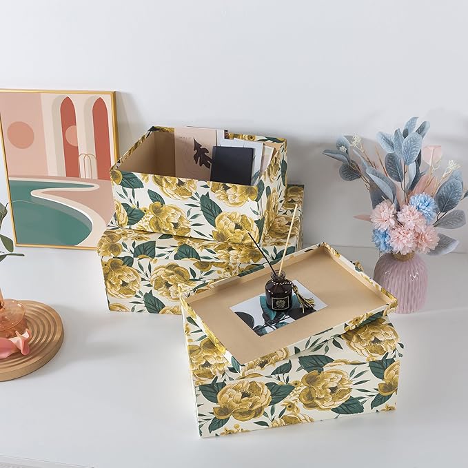 Soul & Lane Decorative Cardboard Storage Boxes with Lids for Home Decor and Organization, Set of 3 Large Keepsake Boxes for Memories & Gifts, Nesting Floral Photo Storage Containers, Golden Peony