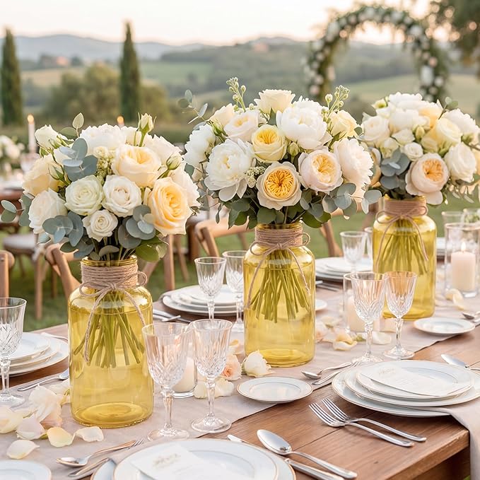 Vintage Glass Flower Vase,6 Pack Gold Amber Farmhouse Glass Centerpiece Vases Mason Jars for Weddings, Parties & Home Decor Bulk (6, Gold)