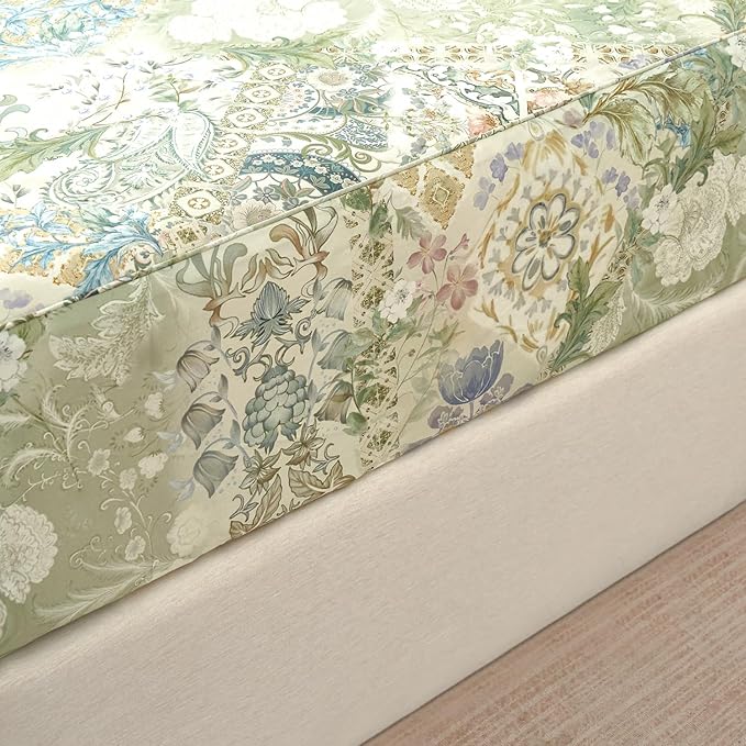 Zusbest King Size Sheets Luxury Sage Green Floral Bed Sheet Set 100% Cotton, Satin Weave Soft Silky Breathable for Hot Sleepers American Country Style Vintage Flower Deep Pocket 17.5‘’ Bed Set 4Pcs