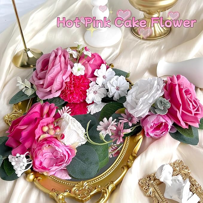 Pre-Made Hot Pink Silk Flowers for Cakes Decorations Fuchsia Light Pink Artificial Rose Peony Wedding Cake Toppers Decorating Fake Floral Anniversary Birthday Party Arrangements Table
